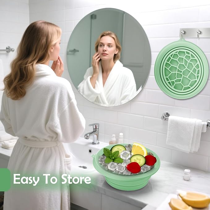 XANGNIER Face Bowl for Ice with Built-In Ice Tray – Collapsible Silicone Facial Ice Bath Bowl for Cold Plunge Therapy, Skin Tightening & Acne Relief – Green Portable Spa Tool for Home & Travel