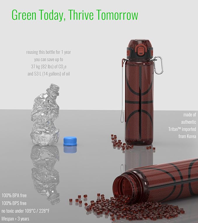 32oz/1L Sport Water Bottle, Light Tritan, Quick-Open Chug Lid/Straw 2-in-1, Leak-Proof, Dishwasher-Safe, BPA-Free, Drop-Resist & Scratch-Resist for Travel/Gym/Office/Fan Gift (Basketball 2)