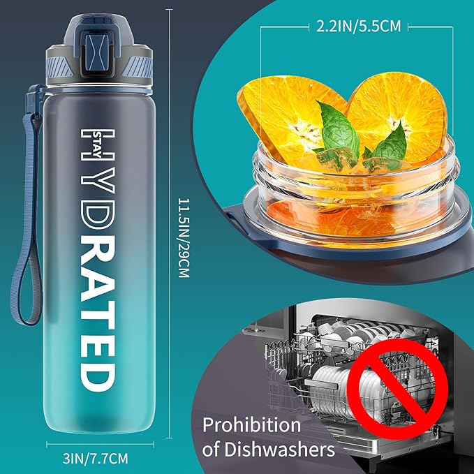 Water Bottle with Straw, 32oz Motivational Water Bottles with Time Marker to Drink, Tritan BPA Free, 1L Sports Water Bottle with Carry Strap LeakProof for Women Gym Fitness Outdoor (1 Pack)