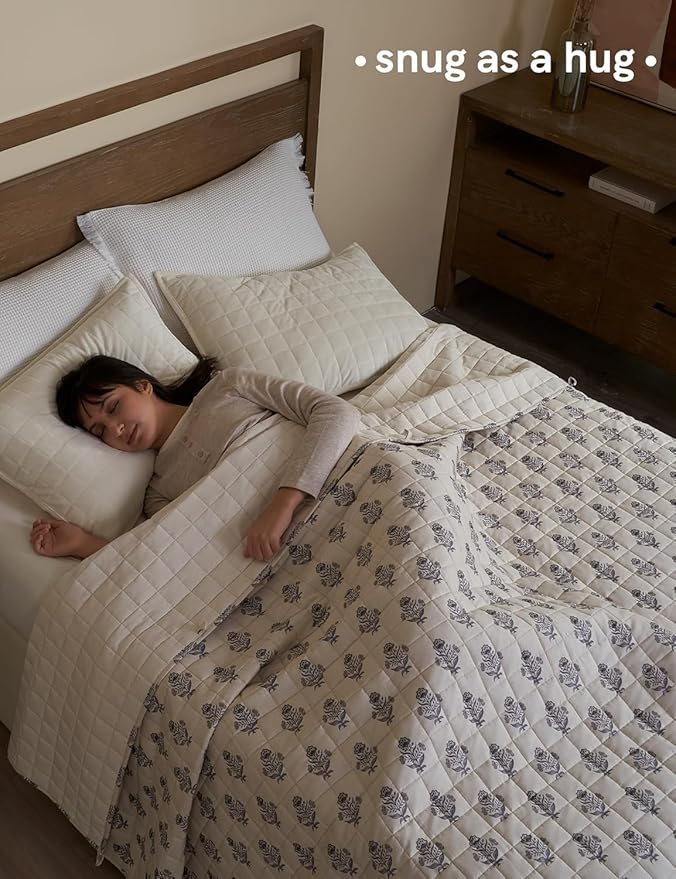 YnM 12lbs Weighted Blanket for Adults, Linen Heavy Bed Throw Blanket with Cooling Glass Beads for All Season Use, Ideal for ~110lbs (60x80 Inches, Queen, Damask)