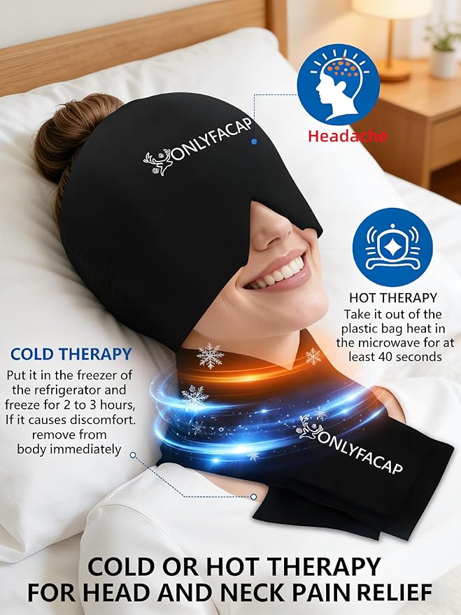 Migraine Relief Cap and Neck Ice Pack Set, Upgraded and Thickened Reusable Gel, Hot and Cold Compress Therapy for Neck and Headache Pain Relief, Hangover, Tension, Stress and Puffy Eyes