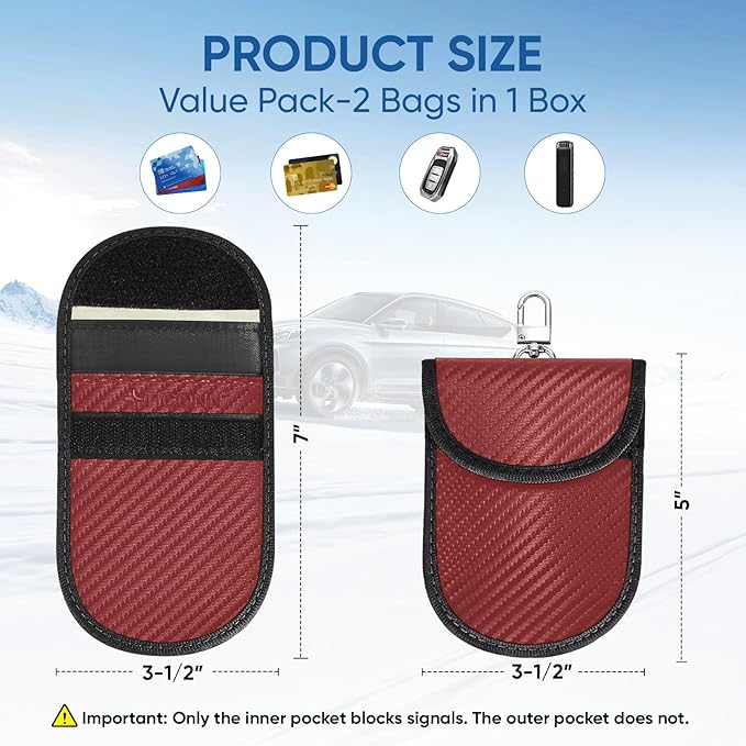 TICONN 2PK Faraday Bags for Car Keys Fob, 3.5"X5.0" Faraday Cage Protector, Car RFID Signal Blocking, Anti-Theft Pouch Anti-Hacking Case Blocker (Red, M)