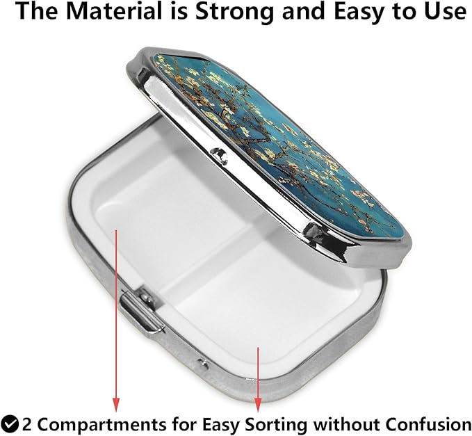 ABLESKY Pill Box, 2 Compartment Pill Organizer Case for Pocket or Purse, Small Portable Metal Travel Medicine Box with Mirror, Daily Vitamins Fish Oil Container-Almond Blossoms