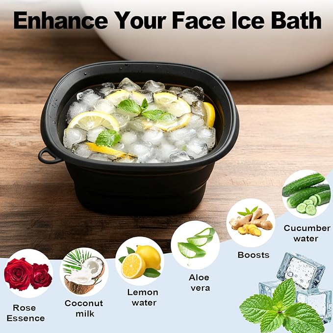 Face Bowl for Ice with Built-in Ice Tray, Collapsible Silicone Facial Face Ice Bath Bowl Reusable Face Tub for Ice Bath Foldable Portable Facial Cold Plunge Skincare for Home Ice Water Black