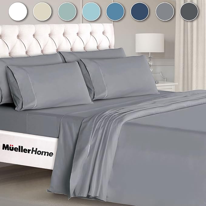 Mueller Luxury 6 PC Full Size Bed Sheets, Super Soft 1800, Deep Pocket up to 16" Full Size Sheets, Transfers Heat, Breathes Better, Hypoallergenic, Wrinkle-Resistant, Oeko-TEX, Light Grey