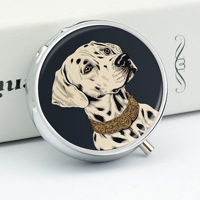 Vintage Painting of Dog Pill Box 3 Compartment Small Pill Case Portable Pill Box for Pocket Or Purse Round Metal Pill Box Cute Medicine Organizer Holder to Hold Vitamins Medication