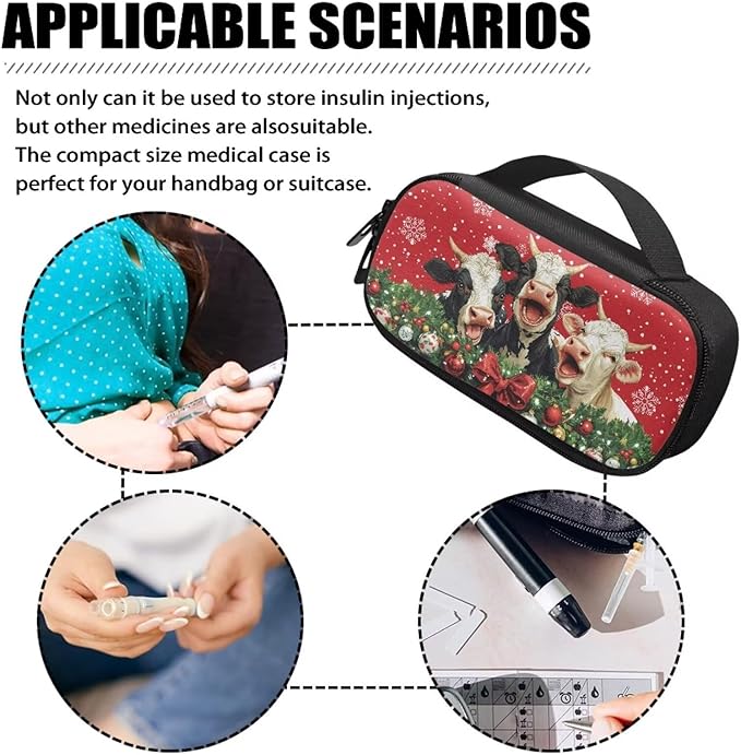 Xmas Cow Pattern Insulin Cooler Travel Case with Handle and Pockets for Insulin Pens and Diabetic Medical Organizer for Diabetes and Other Diabetic Supplies, Red Christmas Decor