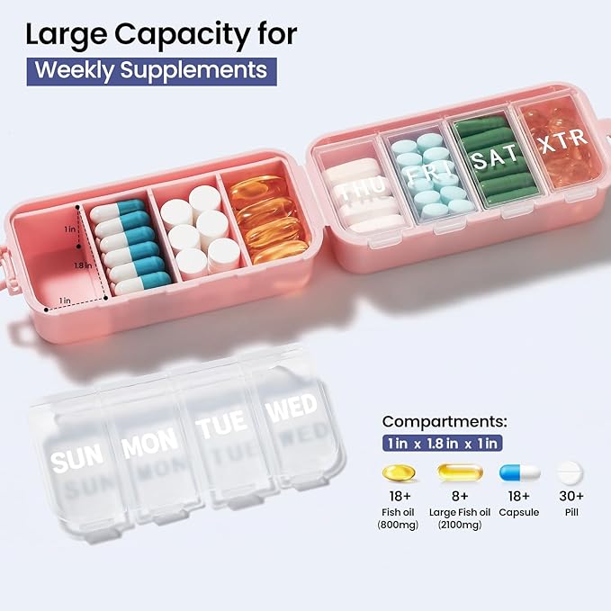 NEW Foldable Weekly Pill Organizer with Extra Grid, Cute & Portable 7 Day Pill Box 1 Time a Day, Week Daily Medicine Organizer - Large Travel Pill Case Holder Dispenser for Vitamin, Supplement - Pink