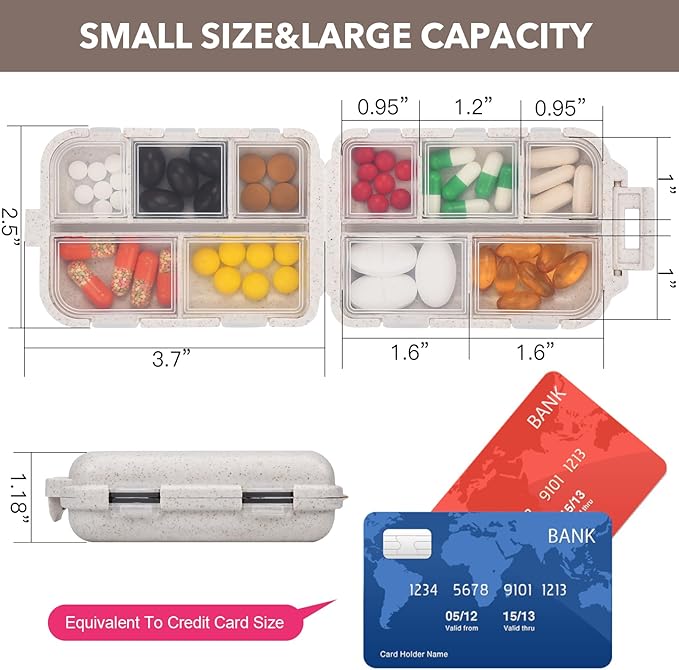 Travel Pill Organizer with Medicine Labels, Travel Pill Box Mini Medicine Organizer Daily Pill Container 10 Compartments Purse Pill Case (White, 189 Lables)