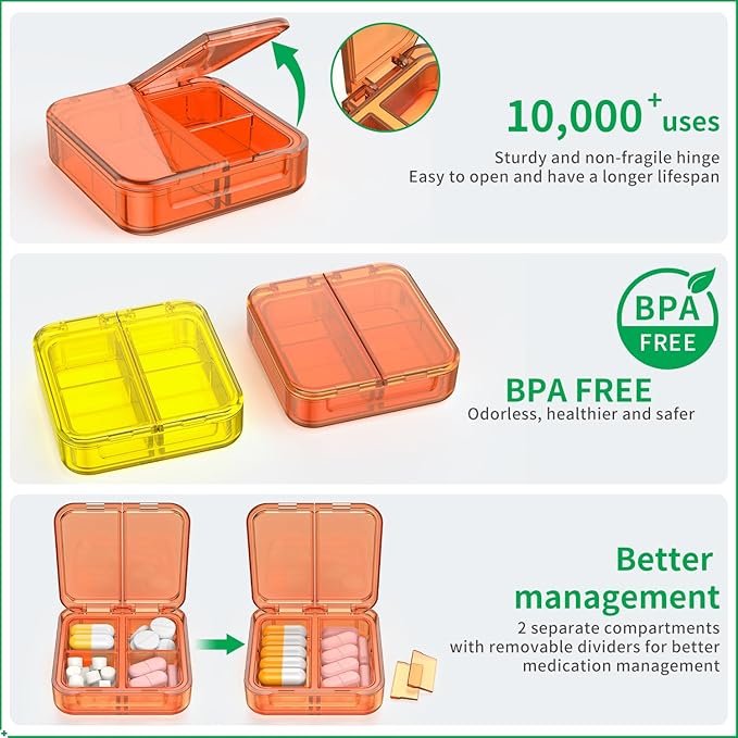 Small Pill Box,4 Compartments Travel Pill Case, Portable Pill Organizer,Mini Pill Container for Pocket,Daily Compact Travel Medicine Holder for Vitamins Fish Oil and Supplement Storage(Orange+Yellow)