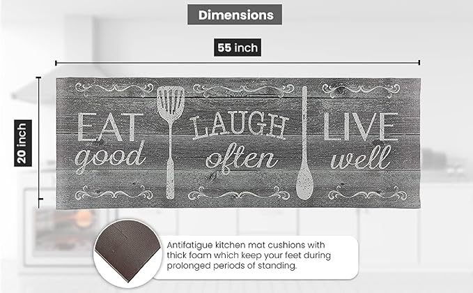 J&V TEXTILES Kitchen Mat Cushioned Anti Fatigue Floor Mat,19.6"x55", Thick Non Slip Waterproof Kitchen Rugs and Mats, Standing Mat for Kitchen,Floor,Home,Office,Desk,Sink,Laundry (Eat Laugh Live)