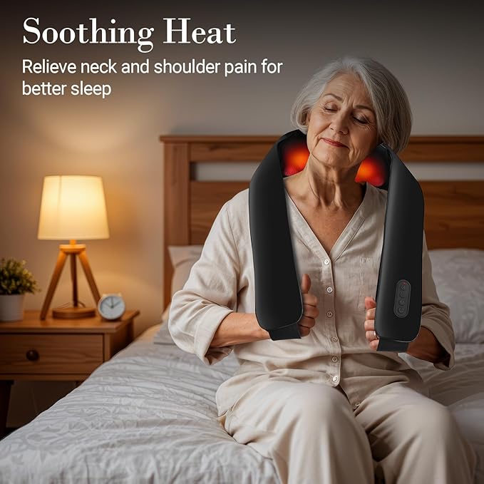 Cordless Neck Massager for Pain Relief Deep Tissue, FSA Eligible HSA Store Upgrade Shoulder and Back Massager with Heat, Skin-Friendly Elastic Fabric & Extended Straps for Larger Body Types