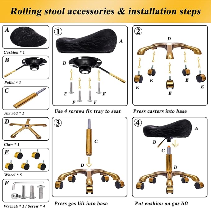 Saddle Stool Gold Rolling Stool with Wheels, PU Leather Roller Vanity Chair, Height Adjustable Swivel Saddle Chair for Pedicure, Tattoo, Massage, Salon, Spa (Black)
