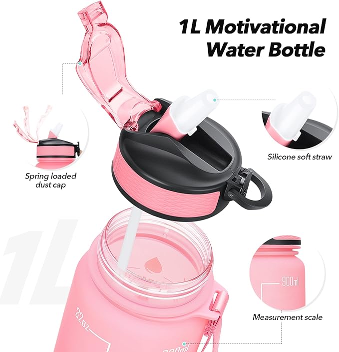 1 litre Motivational Fitness Sport Water Bottle with Straw & Time Maker, Leak-proof, BPA-free, Tritan, Toxin Free Plastic Drink Bottle Design for Girls, Boy, Cycling, School & Office
