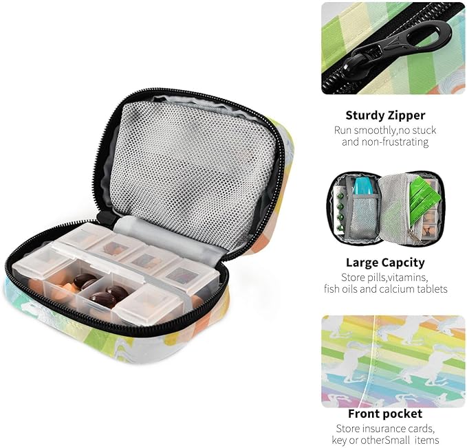 Unicorns Rainbow Stripes Colors Travel Pill Organizer Case Box Container Weekly Portable Vitamin Medicine Holder Storage Bag with Zipper Removable
