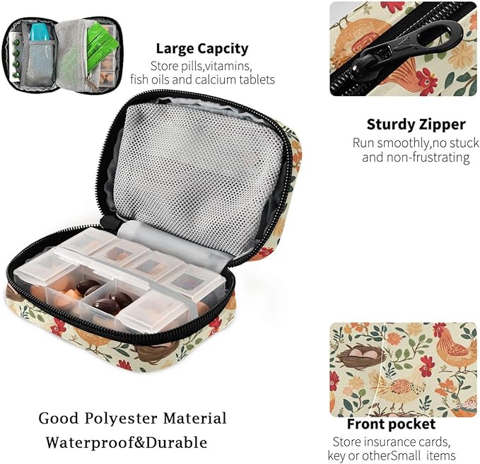 Fustylead Retro Farm Hen Chicken Rooster and Nest with Eggs Travel Pill Case Bag with Zipper Weekly Pill Box 8 Compartments 7 Day Personal Pill Case Purse Medicine Case Organizer