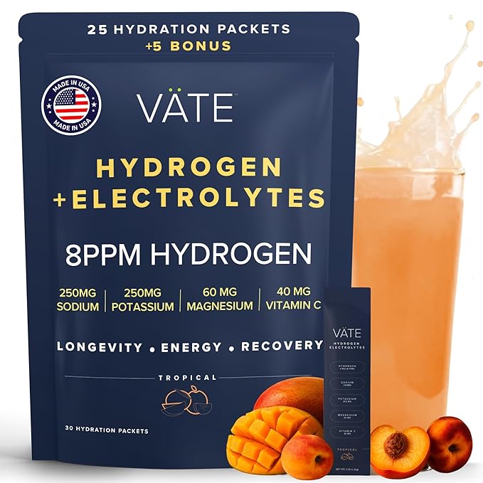 VATE Hydrogen Water + Electrolytes Powder Packets, 8 PPM Molecular Hydrogen + Electrolytes for Hydration, Focus & Recovery, Packets with Magnesium, Potassium, Vitamin C, 30 Count - Tropical