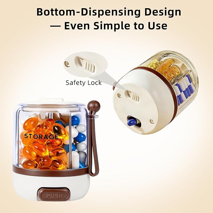 4 Compartments Pill Bottle Organizer, Anti-Mix Travel Pill Dispenser with Safety Lock, Pill Case with 16pcs Labels, Cute Pill Organizer for Seniors, Caregivers & Daily Vitamin Management(Brown)