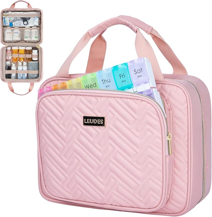 Leudes Travel Pill Bottle Organizer,Medicine Organizer and Storage,Home Medication Bag, Cases,Carrier for Pills,Vitamin,Fish Oil,Supplements for Women and Men (Large, Pink)