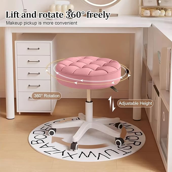 Small Rolling Stool with Wheels, PU Leather Height Adjustable Vanity Work Task Stool, 360 Swivel, Padded Seat Cushion,for Salon, Home, Office