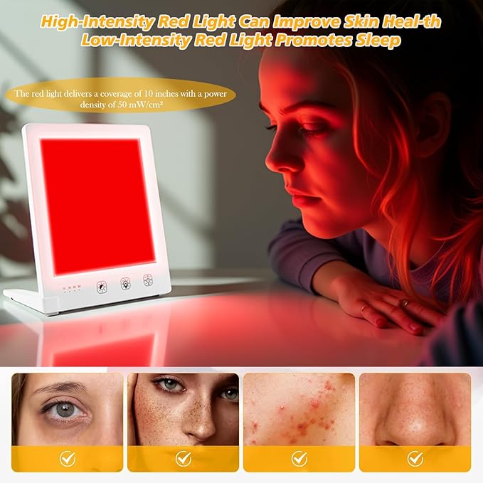 GQP Light Therapy Lamp with Red & White Light - 10000 Lux LED Sun Light Therapy Lamp for Face, Improving Mood, Energy, Sleep & Skin Care, with 4 Light Modes & 5 Brightness Levels, Timer, UV-Free