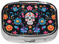 Mexican Sugar Skulls Flowers Print Square Metal Pill Box with 2 Compartment for Pocket or Purse Travel Bag Small Size 2.2 inche