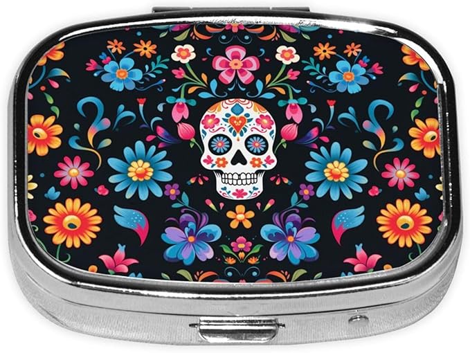 Mexican Sugar Skulls Flowers Print Square Metal Pill Box with 2 Compartment for Pocket or Purse Travel Bag Small Size 2.2 inche