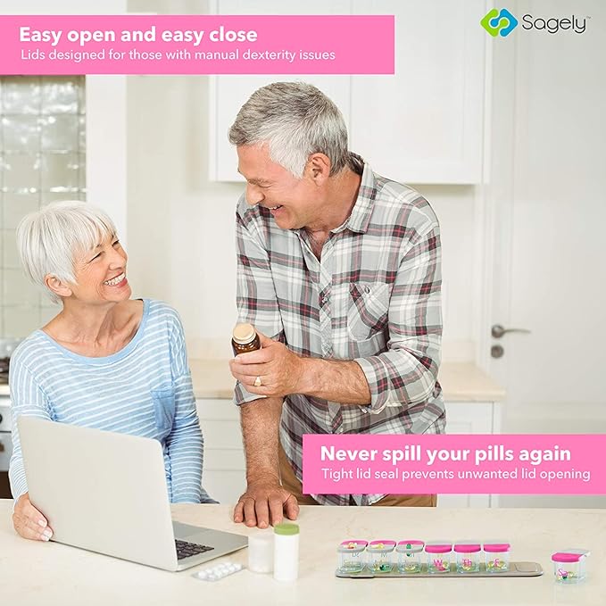 Sagely Smart XL Weekly Pill Organizer AM/PM - Medicine Storage Organizer with Reminder Alarm App (Large Enough to Fit Fish Oil, Cod Liver Oil, Vitamin D Supplements & Vitamins) (Pink/Gray)