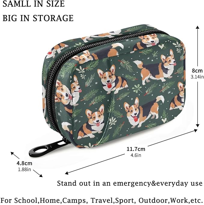 Fustylead Cute Welsh Corgi and Pine Cypress Leaves Pill Organizers 2 Times A Day Pill Case Bag with Zipper Portable Weekly Pill Dispensers for Vitamin Supplement
