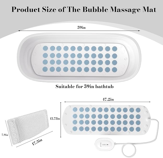 Bubble Bath Mat with Warm Air - Portable Spa for Bathtub, Full Body Waterproof Air Mat with Motorized Air Pump, 6-Speed Adjustable Massage, Remote Control & Non-Slip Suction Cups
