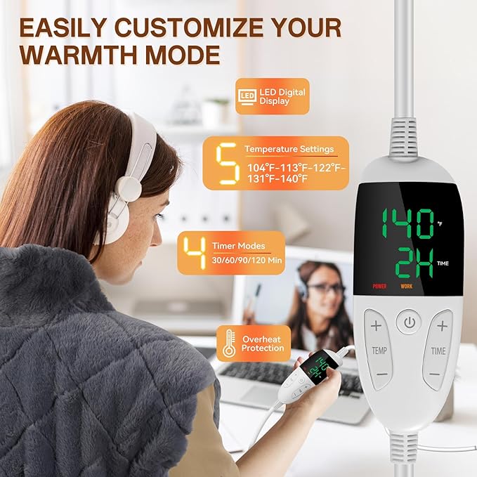 Heating Pad for Neck and Shoulders Pain Relief, XHBDXDP Weighted Neck Heating Pads, 24 x 20″ Neck Heating Pad with Tourmaline Beads, 5 Heat Settings, 4 Auto-Off, Gift for Women