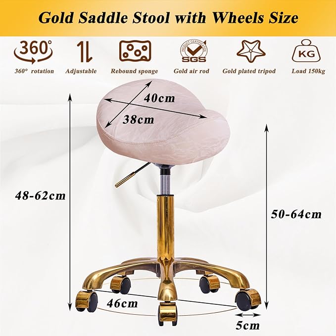 Saddle Stool Gold Rolling Stool with Wheels, PU Leather Roller Vanity Chair, Height Adjustable Swivel Saddle Chair for Pedicure, Tattoo, Massage, Salon, Spa (Pink)