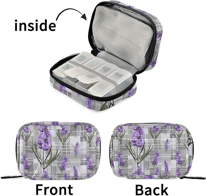 Lavender Flowers Grey Plaid 7 Day Travel Pill Organizer Case Weekly Small Pill Case Vitamin Supplements Holder with Zipper