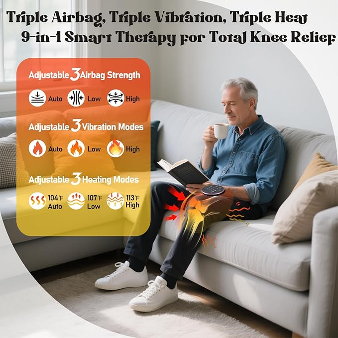 Electric Knee Massager, 3D Airbag Compression Knee Heating Massager, 3 Heating Levels, 3 Vibration Modes, LED Screen, Adjustable Straps, Gift for Men and Women