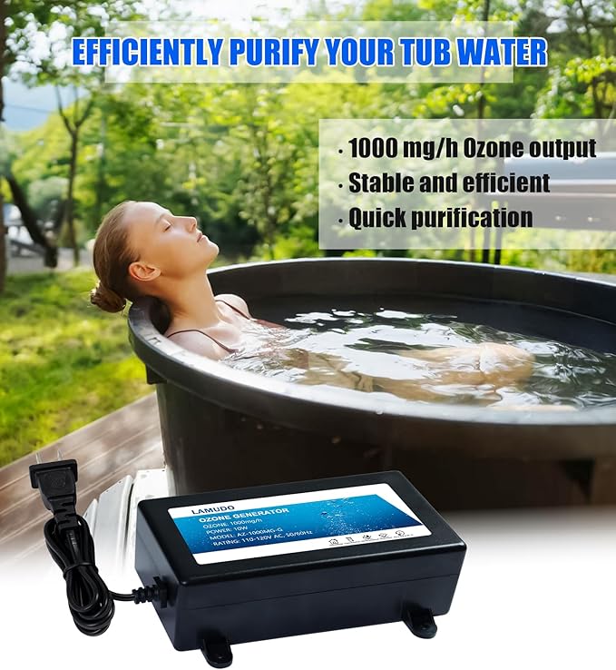 Ozone Generator with Air Stones for Cold Plunge and Hot Tubs, 1000mg/h Portable SPA Ozonator, High Output Multipurpose Ozone Machine(Include Check Valve and Y-Tee)