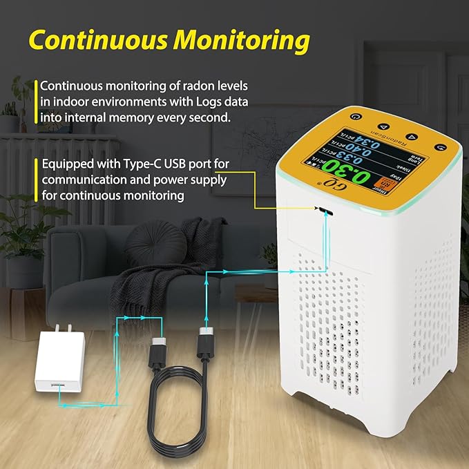 GQ Radon Detector New V2.0 Radonscan Home Radon Monitor Alpha Radiative Gas Radiation USA Product Large Color Display Short and Long Term continuously Monitor Accurate Fast Sensitive Data Saving