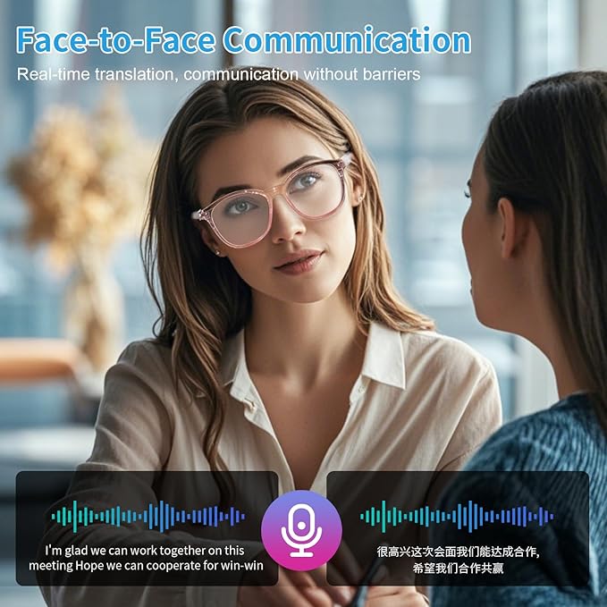Smart Glasses for Women, AI Translation Bluetooth Glasses, Real-Time Translator, Open Ear Blue Light Filtering Lenses, Supports 165+ Languages, language translator for Traveling Learning(Clear)
