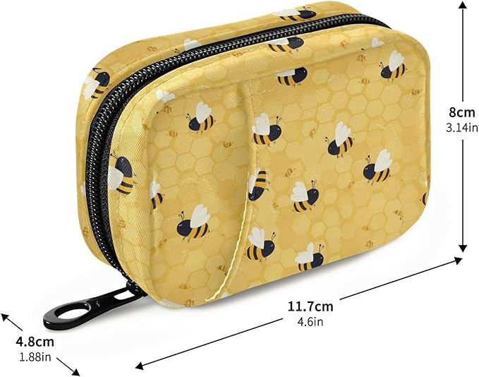 Yellow Bee Honeycomb Pill Organizer Case 7 Day Travel Pill Box with Zipper Portable Weekly Vitamin Medicine Supplement Holder Pouch Bag