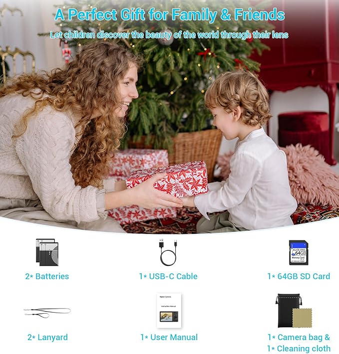 Digital Camera 4K, Autofocus Digital Compact Digital Camera,16X Digital Zoom Upgraded Travel Camera with 64GB SD Card,2 Batteries,Small Camera for Teens Kids Boys Girls,Blue