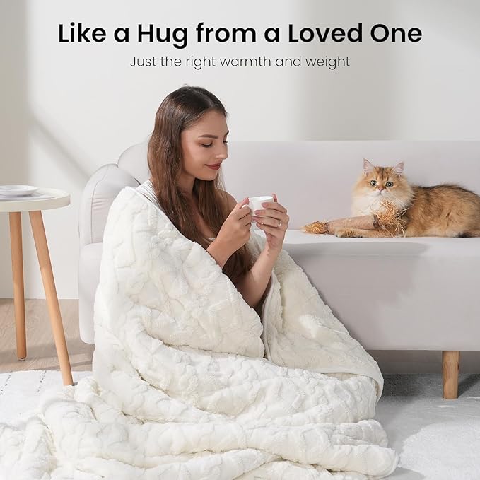 Weighted Blanket for Adults Twin Size 15 lbs, Classy Soft Jacquard Sherpa Weighted Blankets for Sofa Bed, Soft Cozy Heavy Blanket for Winter, 48 x 72 inches, Cream White