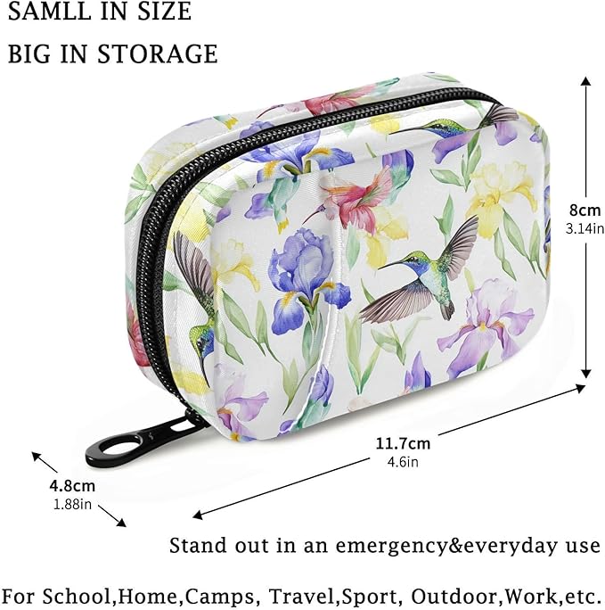 Fustylead Beautiful Hummingbirds Magnolia and Iris Flower Pill Organizer for Purse, Weekly Portable Pill Box with Zipper to Storage Vitamins Fish Oils Medications Supplements