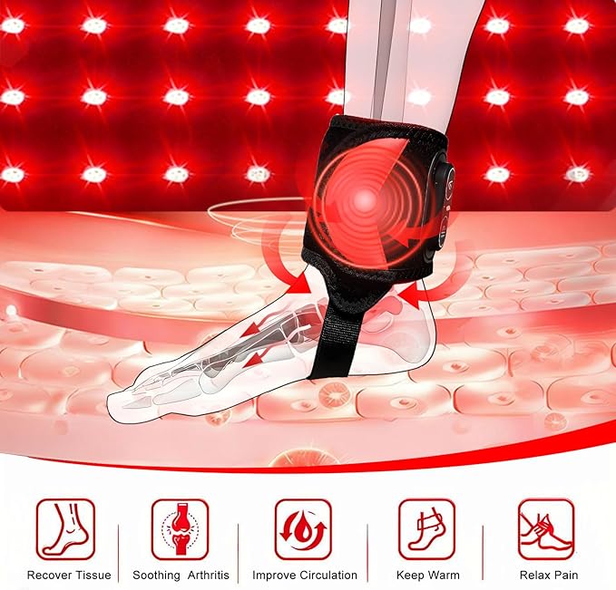 Cordless Red Light Therapy for Ankle Massager Heating Pad, 660nm Red & 850nm Near Infrared Light Therapy Wrap with Vibration & Heat, 3000mAh Rechargeable for Ankle Wrist Foot Arch Comfort (Black)
