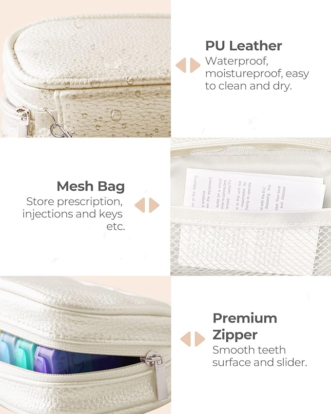 Cute Pill Organizer 2 Times a Day, PU Leather Pill Case for Women, Portable Weekly Pill Box for Purse with Storage Bag to Hold Vitamins, Medications, Fish Oils, Supplements (Beige)