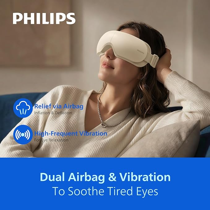 Philips Eye Massager with Heat, Eye Mask for Migraines with Music, Warm Compress Therapy for Dry Eyes, Eye Strain, 5 Modes & 180° Folding Design, Rechargeable 1200mAh Battery, Gifts for Women Mom