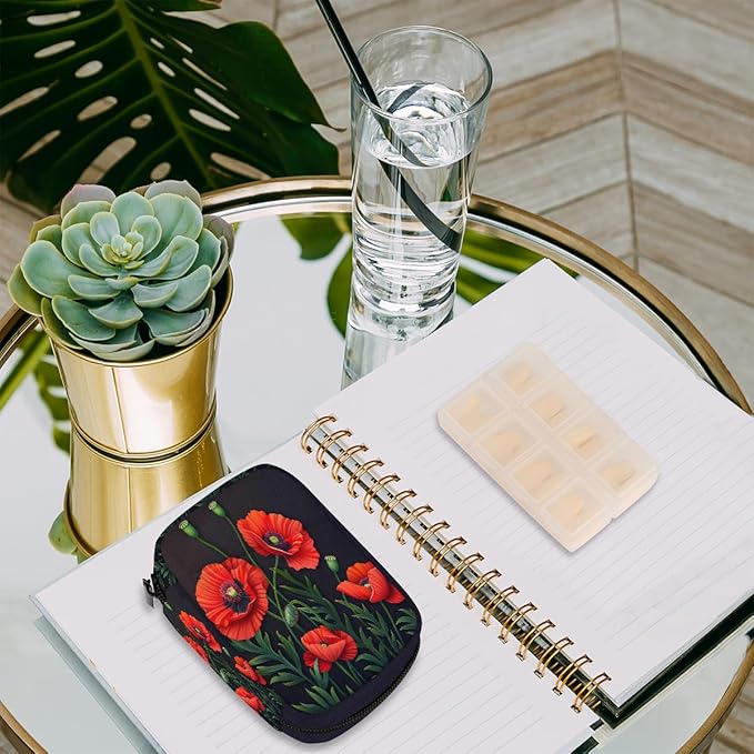 Weekly Travel Pill Organizer Case for Purse with Removable 7 Day Box Portable Compact Size Pill Box Fashionable Pill Container for Medicine Vitamin Supplement Flower Floral Poppy
