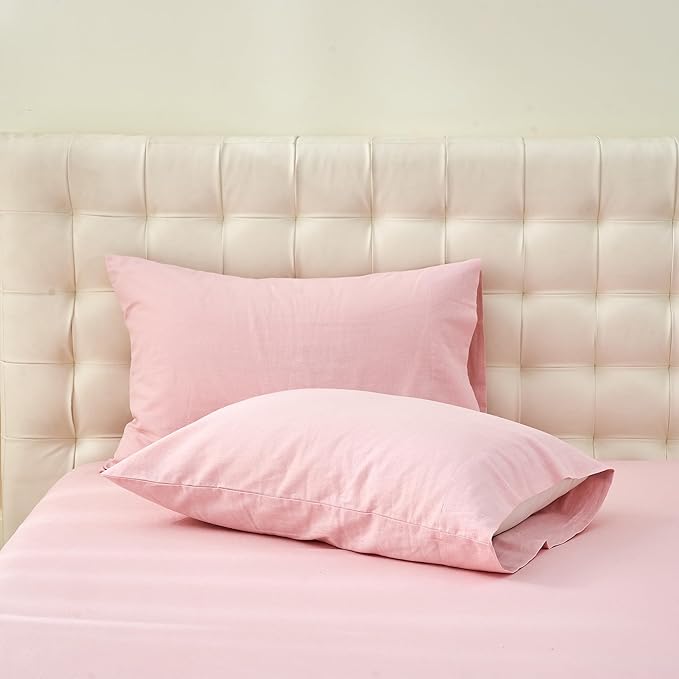 Simple&Opulence Belgian Linen Sheet Set Solid Color - 3 Pieces (1 Flat Sheet & 1 Fitted Sheet & 1 Pillowcase) Natural Flax Cotton Blend Soft Bedding Breathable Farmhouse - Pale Pink, Twin Size
