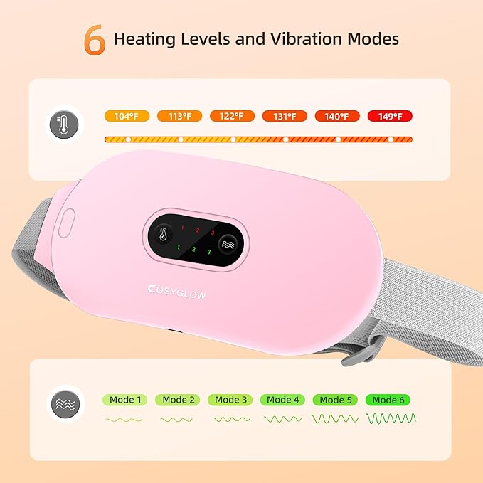 Portable Cordless Heating Pad Cramps:COSYGLOW 6 Heat Levels 6 Massage Modes,3S Fast Heating,Period Menstrual Electric Heating Pad,Gifts for Women and Girls (Pink)