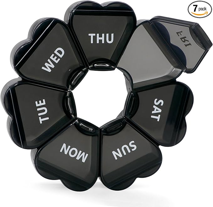 Pill Organizer Weekly - Cute Medicine Pill Organizer 7 Day, Large Daily Pill Box for Travel, SHIJOINYU Pill Dispenser Case 1 Time a Day for Medication/Supplement/Fish Oil (Black)