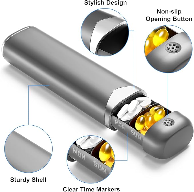 Pill Organizer, Weekly Pill Organizer 7 Day, Daily Pill Box, Pill Case, Pill Container, Weekly Pill Organizer 1 Time a Day, Portable Travel Pill Box for Vitamin, Fish Oil, Medicine (Grey&Silver)