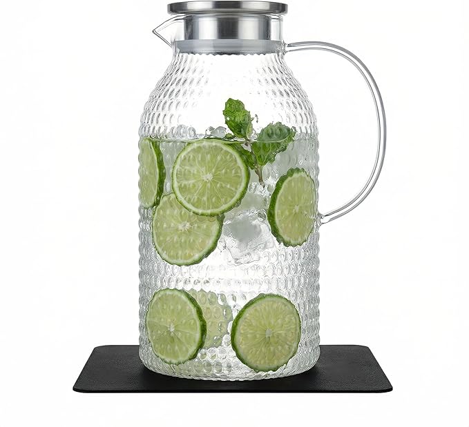 Glass Pitcher with Lid,3 Liter 101oz Glass Water Pitcher, Iced Tea Pitcher, Cold/Hot water jug,Large Jug for Coffee, Juice and Homemade Beverage（Free anti-scratch pad）